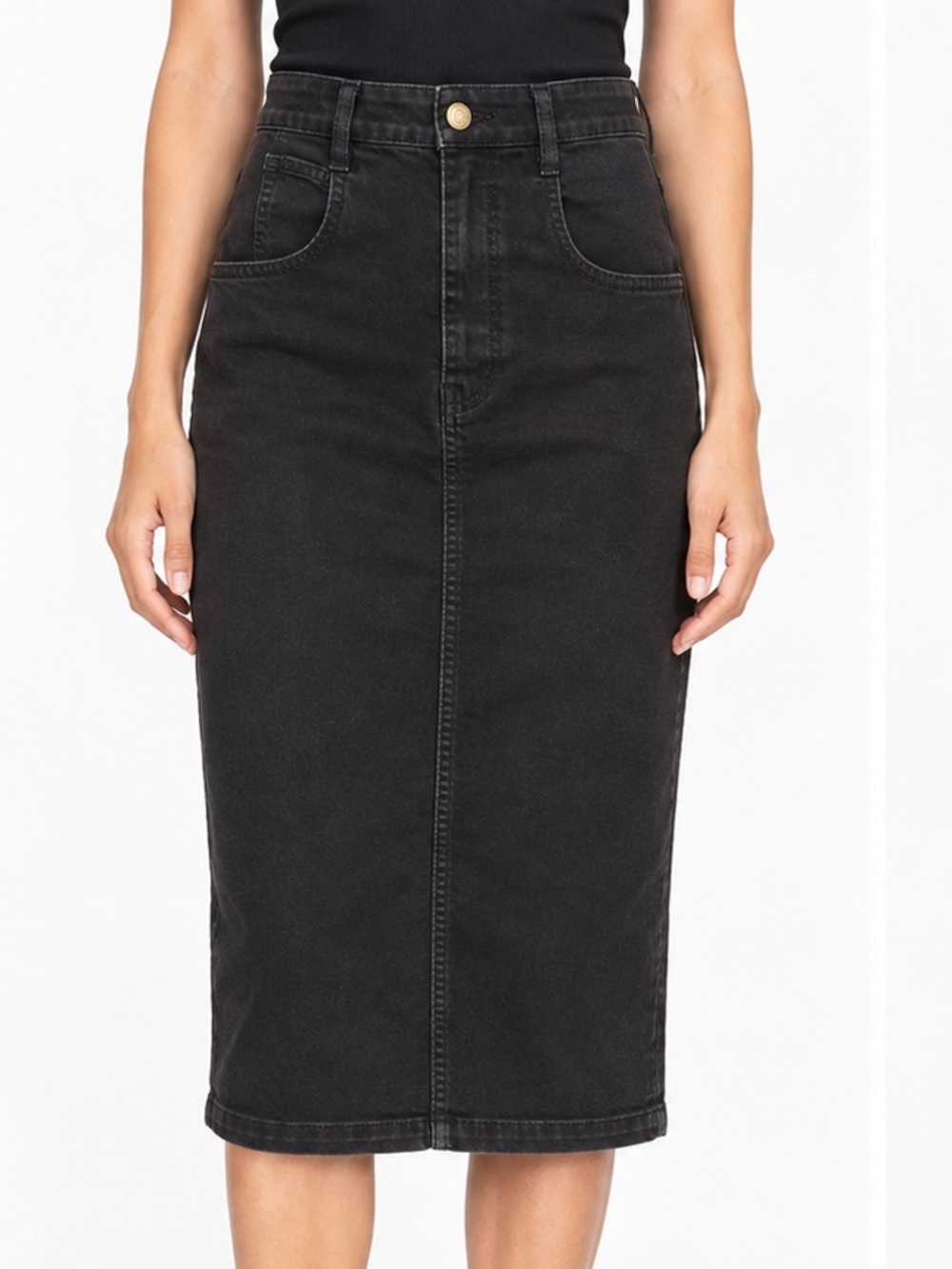 New FRAME Black Denim Midi Pencil Skirt NWOT Size 27 Stretch Cotton Back Slit